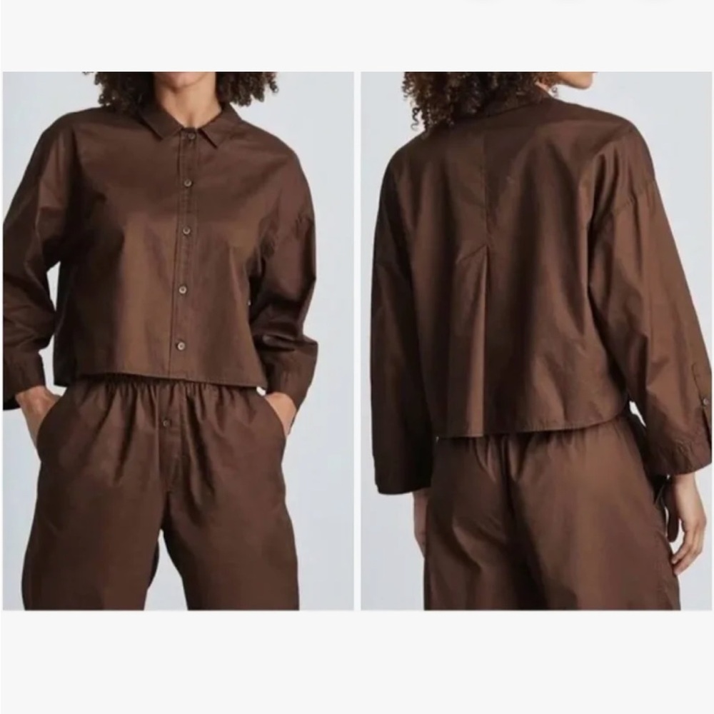 NWT EVERLANE Oversized Woven PJ Top Brown Button Down Shirt Brown Size XXS